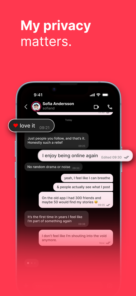 monnett - Pantalla de smartphone mostrando una interfaz de chat privado en la aplicación monnett con el titular Mi privacidad importa.