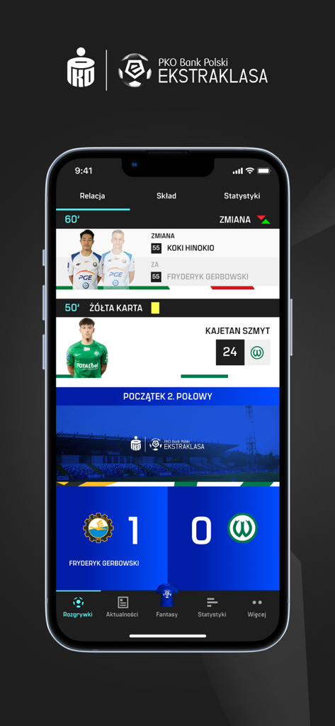 Pantalla de smartphone que muestra actualizaciones de partidos en vivo y estadísticas en la aplicación de fútbol Ekstraklasa