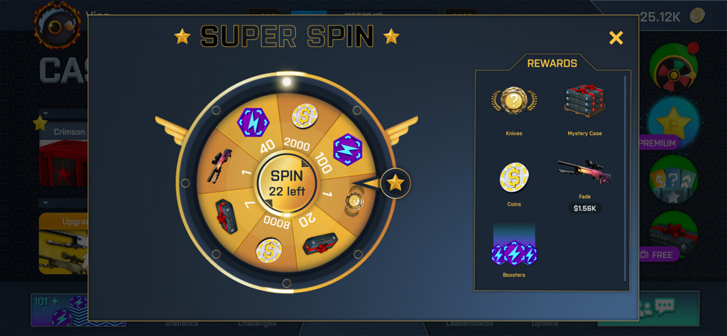 Rueda del minijuego Super Spin en la aplicación Case Opener mostrando recompensas potenciales como skins y monedas