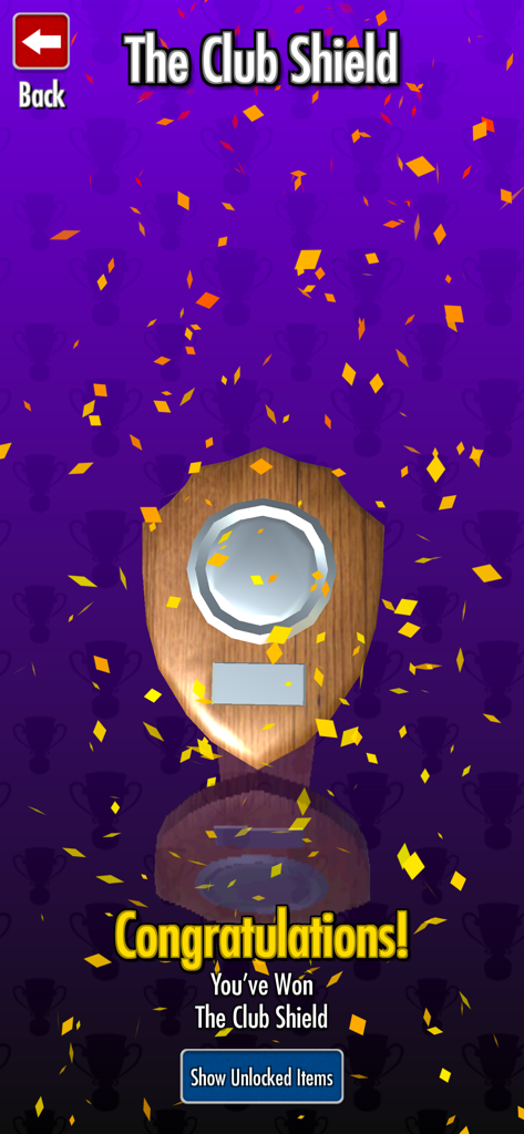 Congratulations screen in Bulls i Darts showing The Club Shield trophy with golden confetti