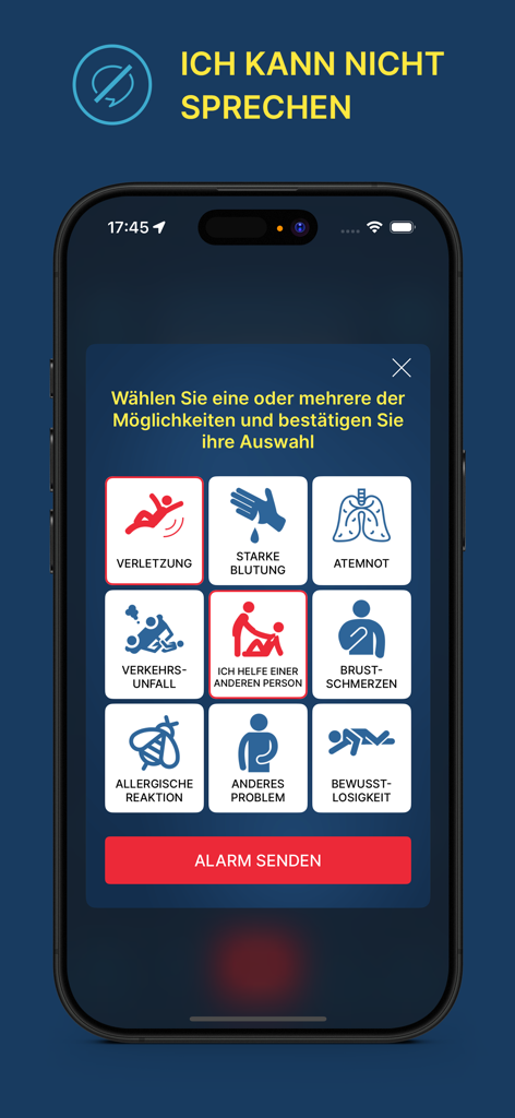 Smartphone screen of the Rettung app showing icons to report medical emergencies when unable to speak
