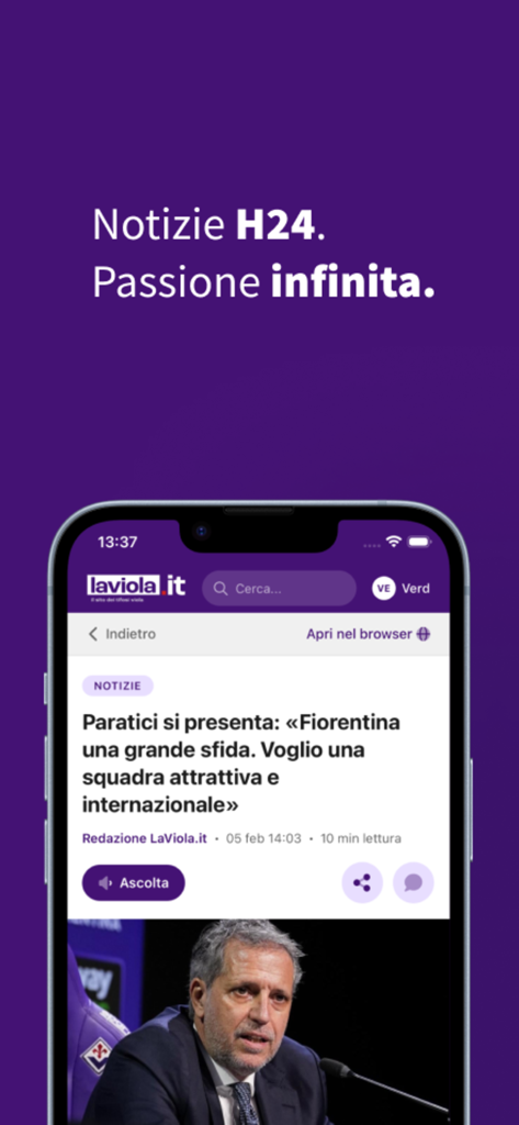 LaViola.it - Uno schermo di smartphone che mostra un articolo di notizie sull'app LaViola.it dedicata ai tifosi della Fiorentina.