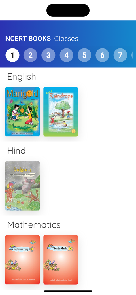 NCERT Books app displaying Class 1 textbooks for English Hindi and Mathematics subjects