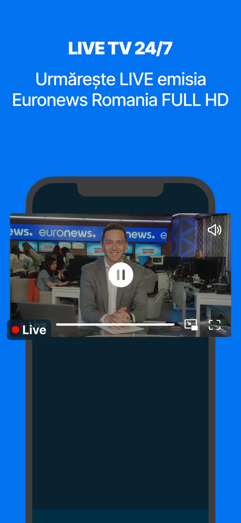 A smartphone screen displaying the Euronews Romania live 24/7 news broadcast in HD.