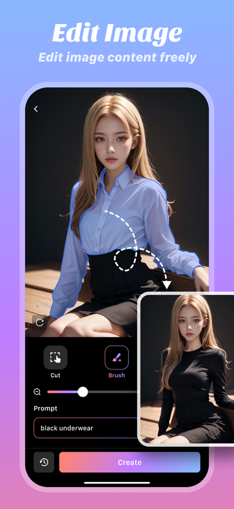 Midoll-Create&Chat AI girl - Screenshot of the Midoll app demonstrating the AI image editing feature to change a virtual character's outfit using brush tools and text prompts.
