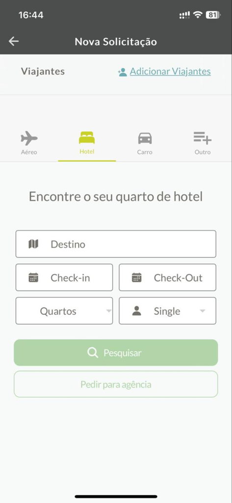 Interface do aplicativo Lemontech para busca e solicitação de reservas de hotel corporativo