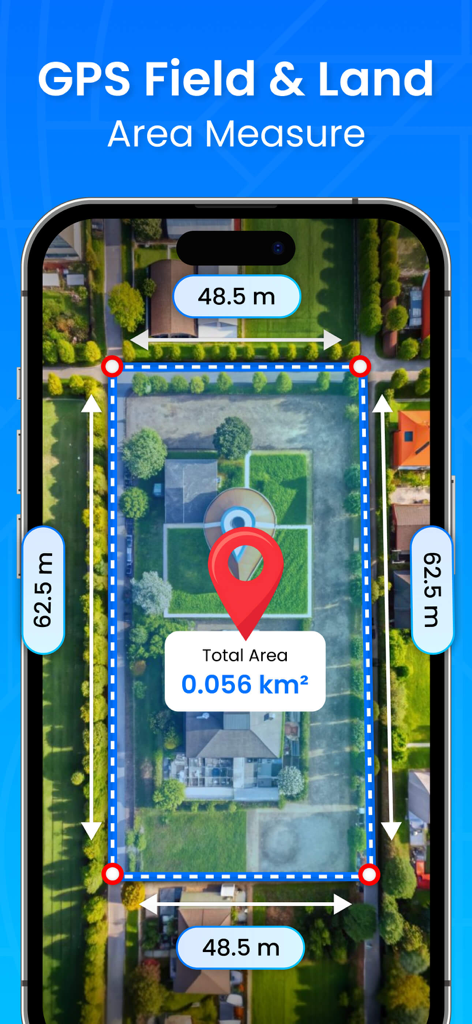 GPS Field Area & Land Measure - GPS Field and Land Area Measure app showing property area calculation on a satellite map.