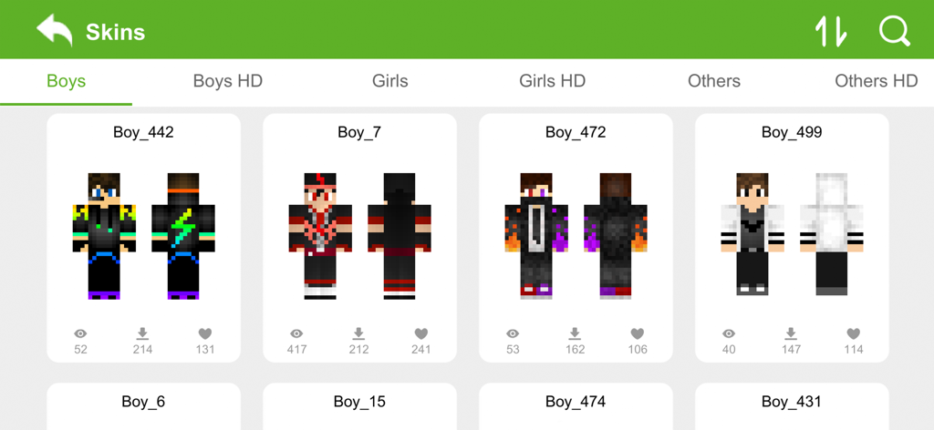 Skin Editor 3D - A gallery of character skins for boys in Skin Editor 3D showing front and back views with download and like statistics.