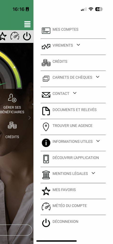 BNP Paribas Antilles-Guyane - Main navigation menu of the BNP Paribas Antilles Guyane mobile banking app