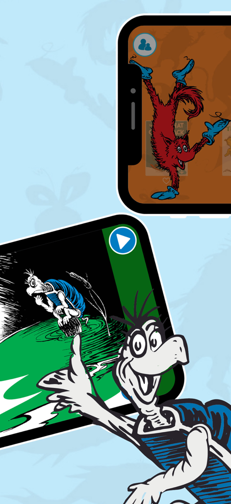 Screenshots of the Dr. Seuss Deluxe Books App showing interactive characters like Yertle the Turtle and Fox in Socks.