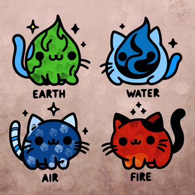 4 cats that represent the different elements, earth, water, air, and fire