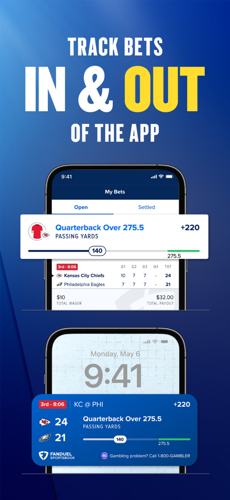 FanDuel Sportsbook app showing bet tracking within the interface and on an iPhone lock screen widget