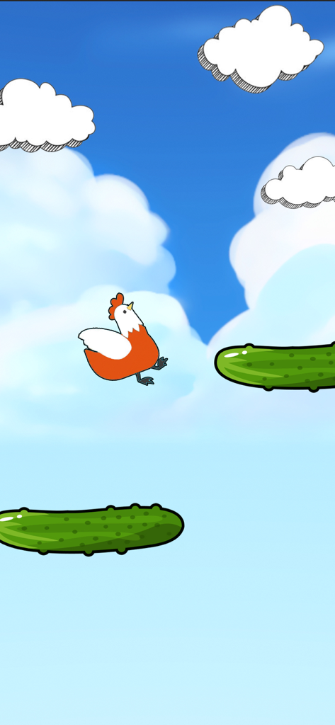 A cartoon chicken jumps between floating green cucumbers in a blue sky with white clouds