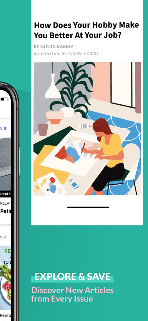 Interface do aplicativo Revista Real Simple exibindo um artigo em destaque sobre hobbies e crescimento pessoal com uma ilustração de uma mulher pintando.