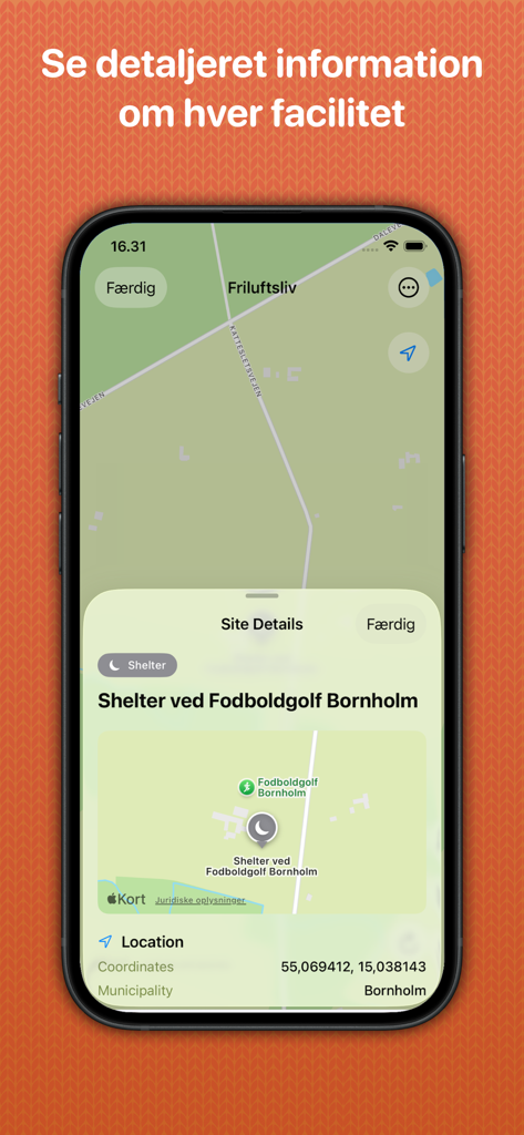 Outdoor Facilities in Denmark - 야외 시설 덴마크 앱 내 본홀름의 쉼터 시설에 대한 상세한 현장 정보