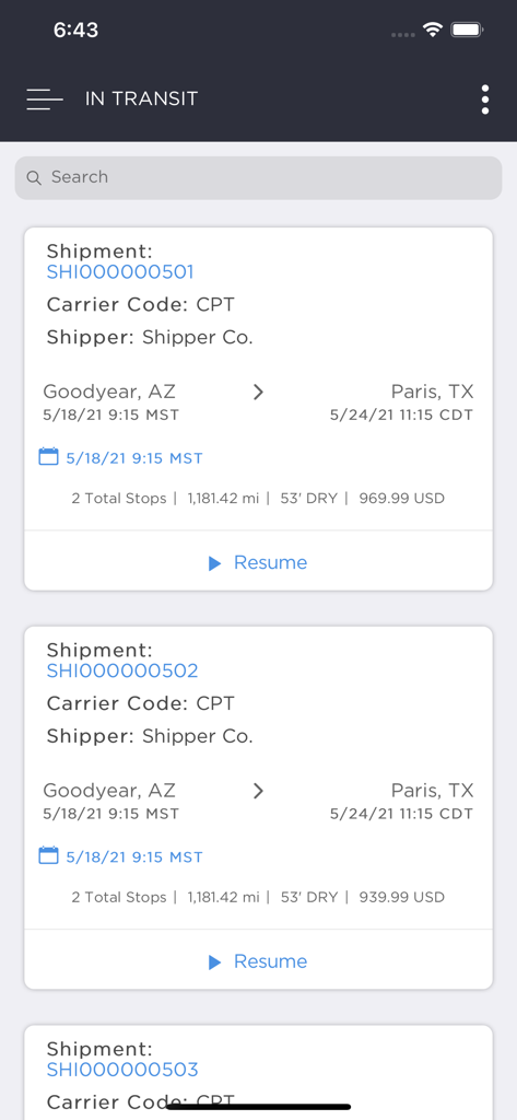 Manhattan TM Carrier - In transit shipment list in the Manhattan TM Carrier mobile app showing shipment IDs and route details.