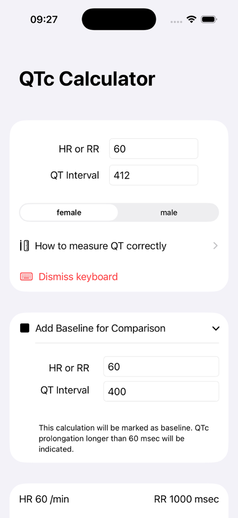 Mobile interface of the QTc Calculator app with fields for heart rate and QT interval calculation.