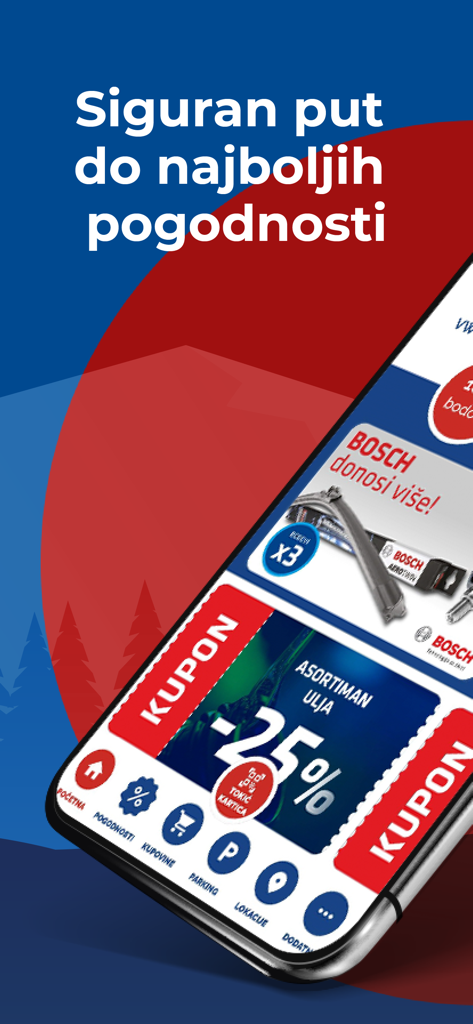 Tokić - Tokic mobile app screen displaying a 25 percent discount coupon for automotive oil products and Bosch parts promotion.