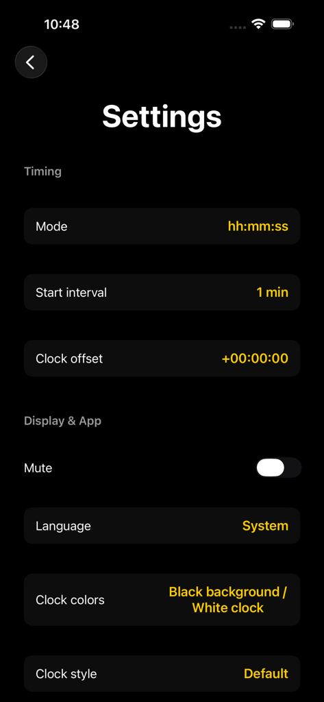 O-Time - Settings screen of the O-Time app showing timing and display configuration options for orienteering events