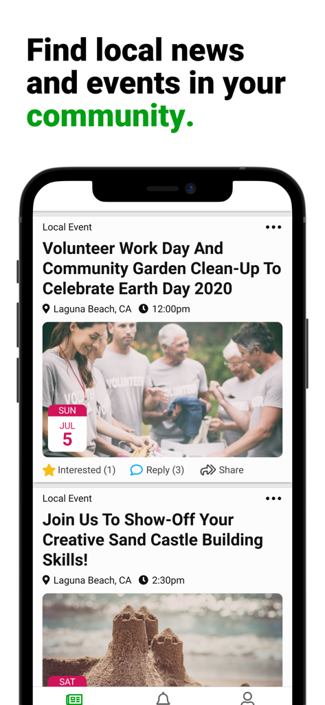 A interface do aplicativo móvel Patch mostrando notícias locais e eventos comunitários para Laguna Beach Califórnia