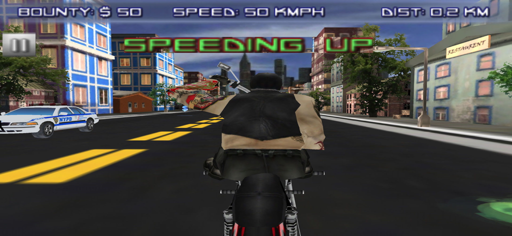 Extreme Biking 3D Racing Games - A tattooed biker riding a motorcycle through a 3D city street next to a police car in Extreme Biking 3D