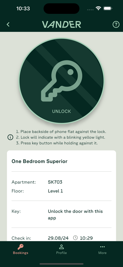 Digital key interface in the Vander app for unlocking a serviced apartment
