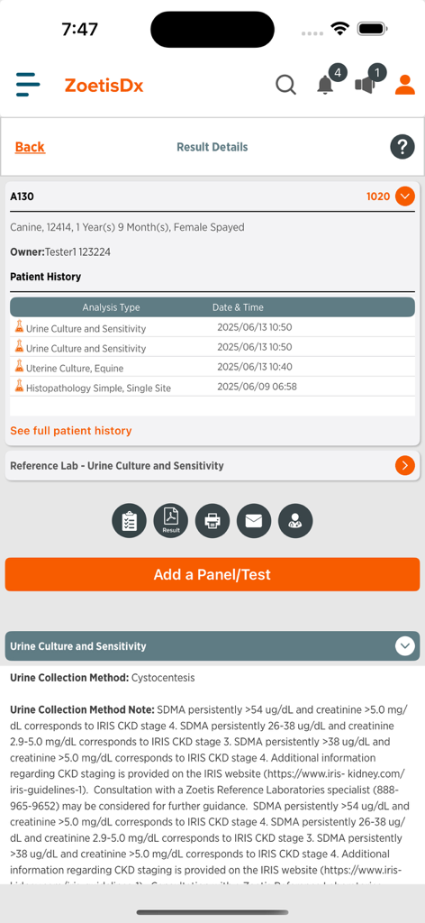 ZoetisDx mobile app interface showing detailed veterinary diagnostic results and patient history for a canine patient