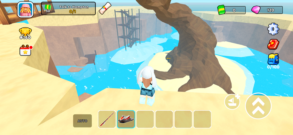 Fish It 낚시 게임에서 거대한 나무와 밝은 파란색 물이 있는 열대 석호를 내려다보는 캐릭터