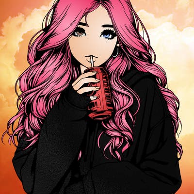 realistic girl with long hair wearing a baggie sweater drinking a dr. pepper