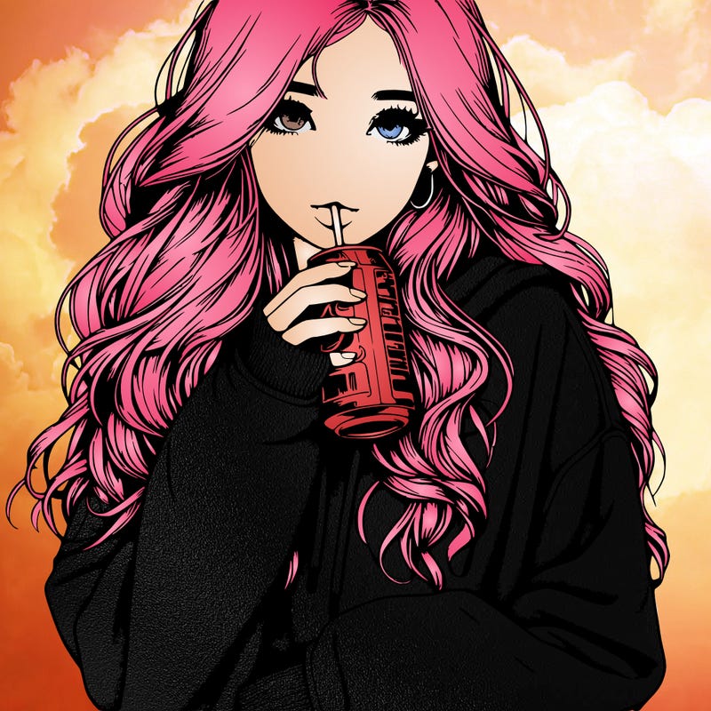 realistic girl with long hair wearing a baggie sweater drinking a dr. pepper
