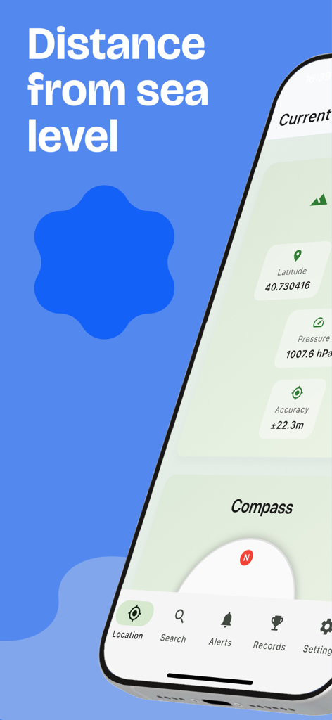 Altitude Attitude - Altitude Attitude mobile app interface displaying current latitude, atmospheric pressure, and distance from sea level.