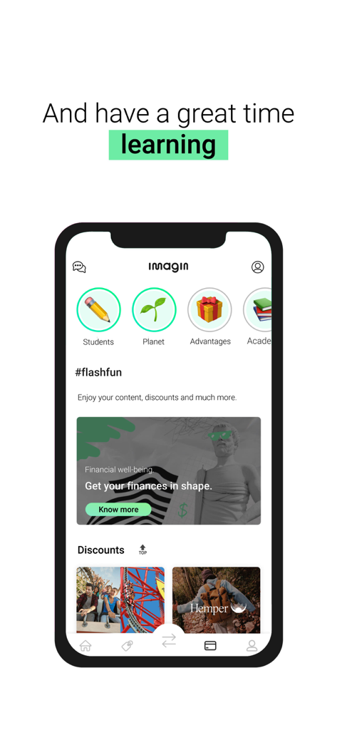 Tableau de bord de l'application imaginTeens avec des réductions sur l'éducation financière et le style de vie