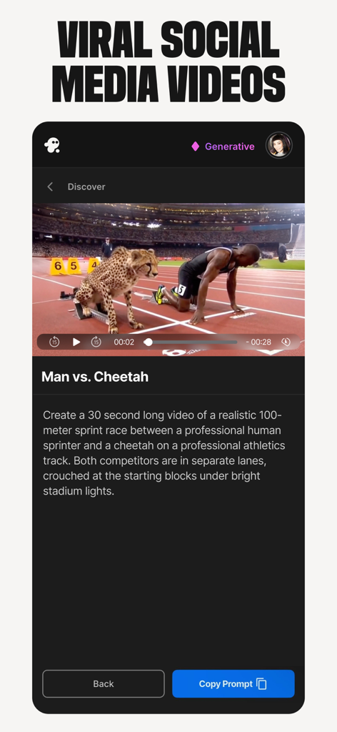 Interfaz de la aplicación invideo AI mostrando una indicación de texto a vídeo para una carrera viral entre un hombre y un guepardo en un estadio.