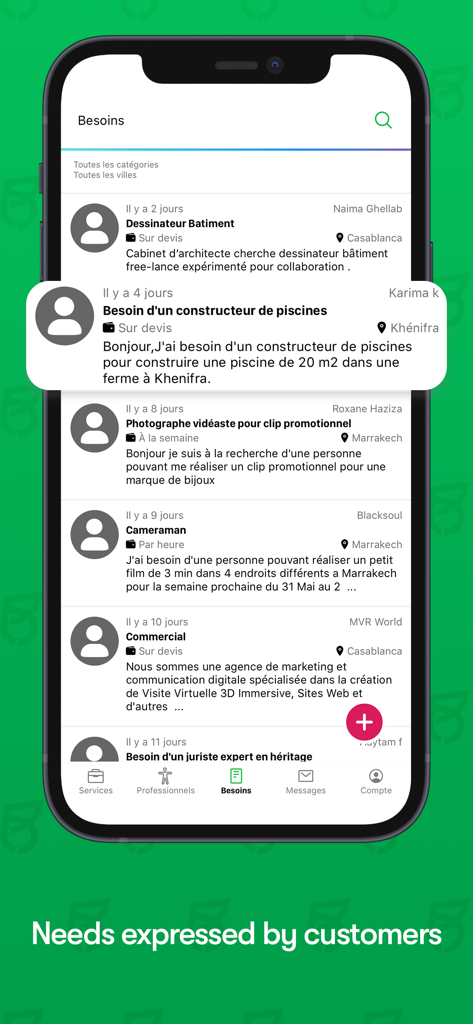 Jobbers: Jobbing and Freelance - A mobile interface of the Jobbers app showing a list of service requests and job needs posted by customers.