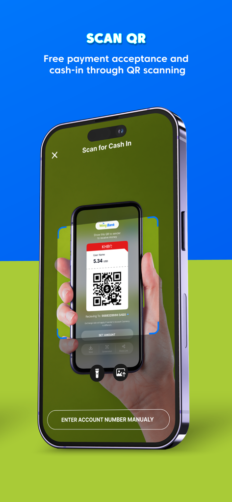 Wing Merchant - A smartphone using the Wing Merchant app to scan a KHQR code for a 5.34 USD payment or cash-in transaction.