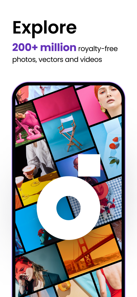 Pantalla de la aplicación Depositphotos que muestra un collage de fotos y vídeos de stock profesionales con texto sobre la exploración de más de 200 millones de archivos libres de derechos