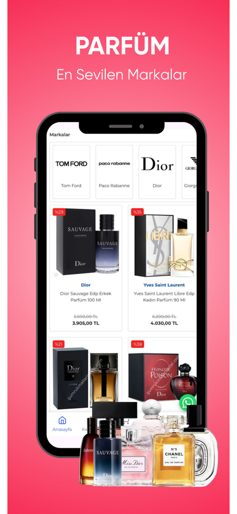 Gümrük Malları Satışı - Mobile app screen displaying luxury perfume brands like Dior and Tom Ford with discounted prices in Turkish Lira