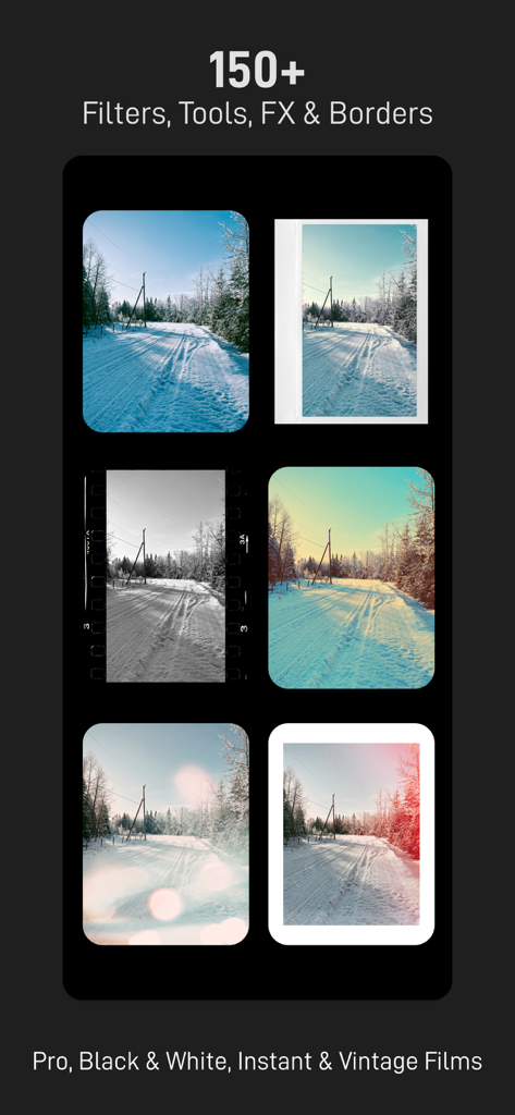 PICFX Picture Editor & Borders - A collage showing various vintage film filters and borders applied to a snowy landscape photo in the PICFX app