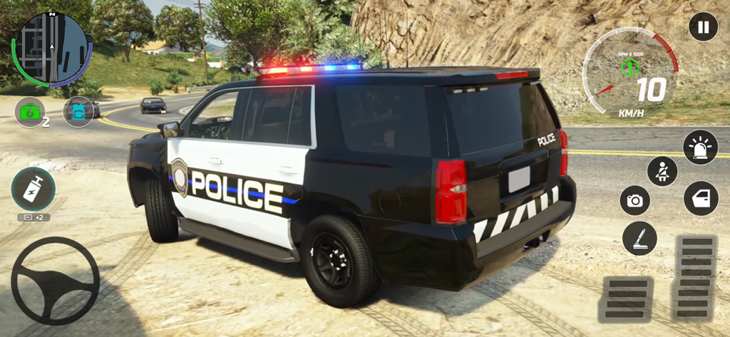 Una captura de pantalla del juego de un SUV policial conduciendo por una carretera rural en un entorno 3D de mundo abierto.