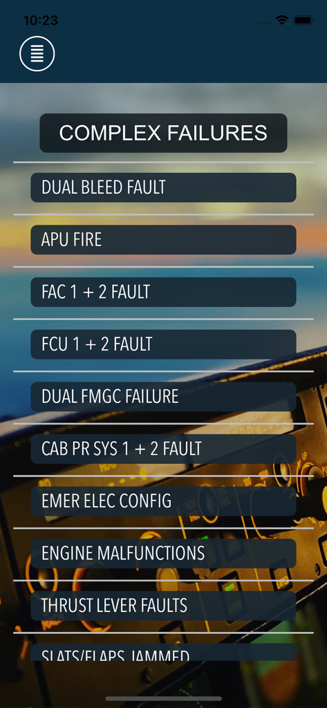 Airbus A320 Command Prep app menu listing complex aircraft failure scenarios