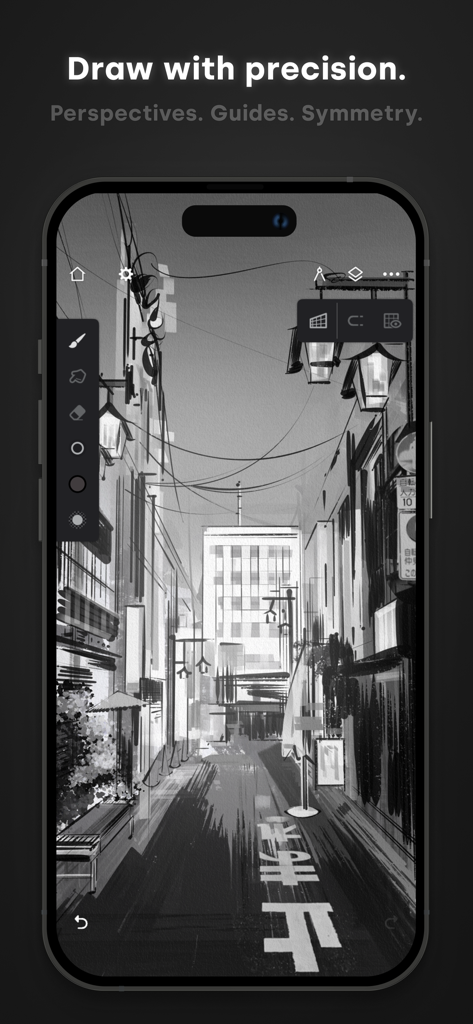 A grayscale city street illustration being created in Infinite Painter using perspective guides and precision tools.