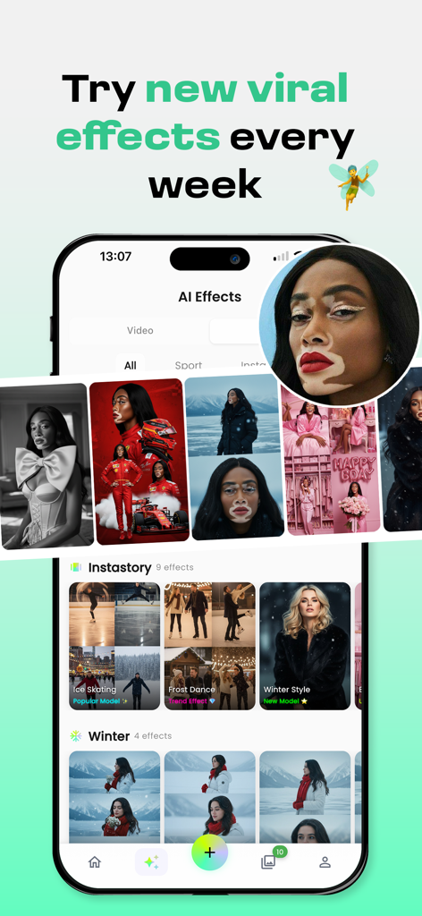AI Effects & Filters - Bloom - Mobile app interface showing various viral AI effects and filters for photos and videos.