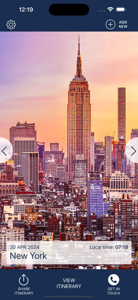 DialAFlight app screen showing a New York City itinerary with a sunset skyline view of the Empire State Building.