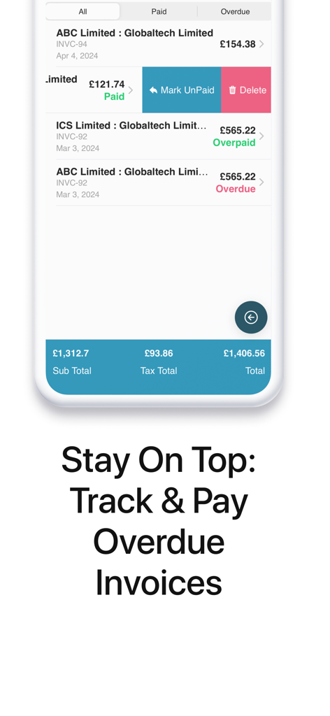 Mobile app interface for tracking and managing overdue business invoices