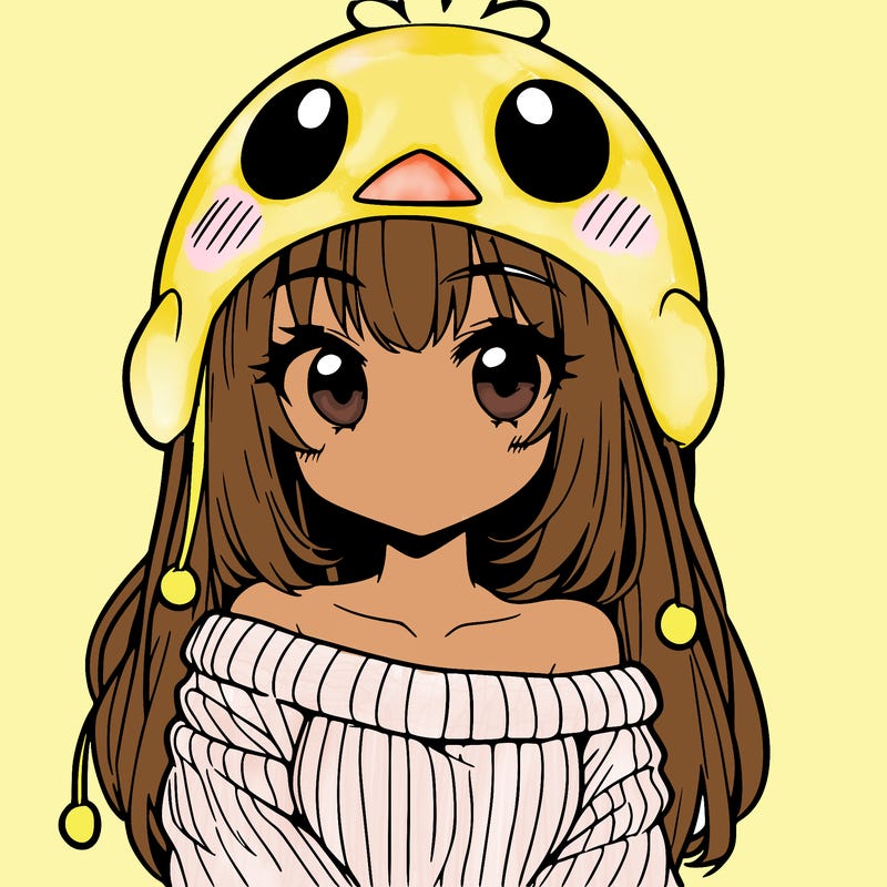 anime girl with chick shaped hat with sweater with bare shoulders with bangs covering them one eye with low tail
