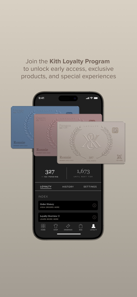 Kith - Kith app interface showing membership loyalty program tiers and reward points status
