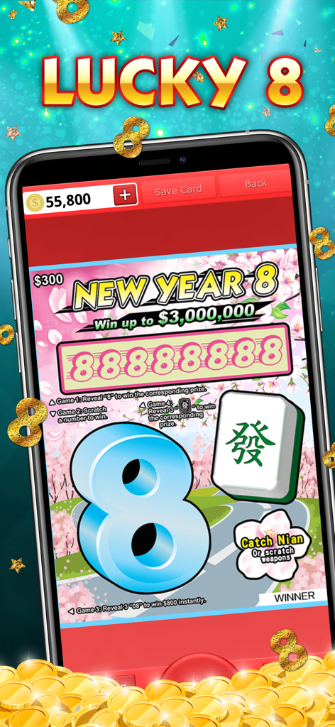 Mobile gameplay showing a New Year 8 scratch off card with a large blue 8 and a Mahjong tile