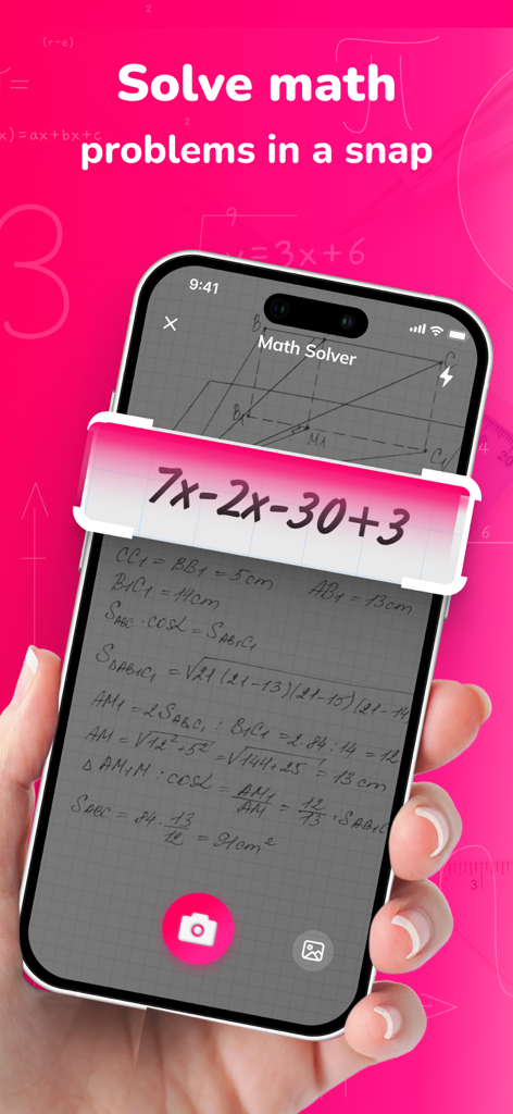 Math Solver: Solve by Camera - A person using the Math Solver app to scan a handwritten algebra equation with a smartphone camera
