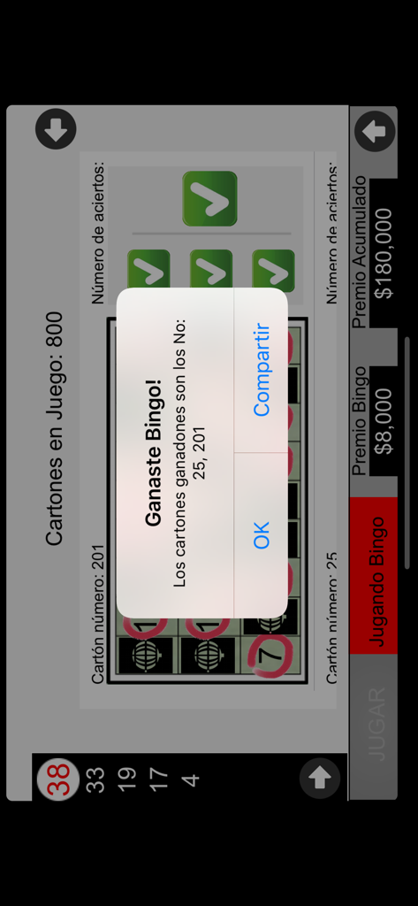 QuickPad - QuickPad app screen showing a winning bingo notification with winner card numbers and prize amounts