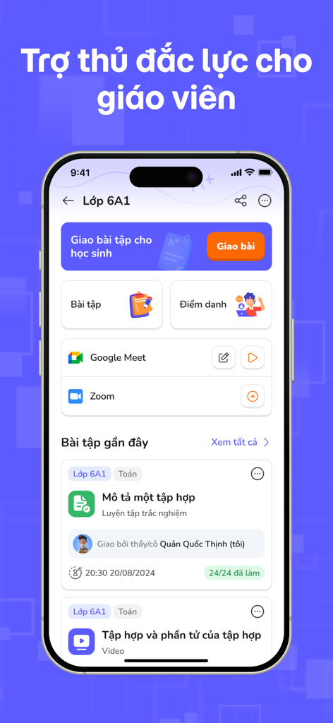 OLM - Interface du tableau de bord de l'enseignant de l'application éducative OLM pour gérer les classes et assigner des devoirs du programme vietnamien